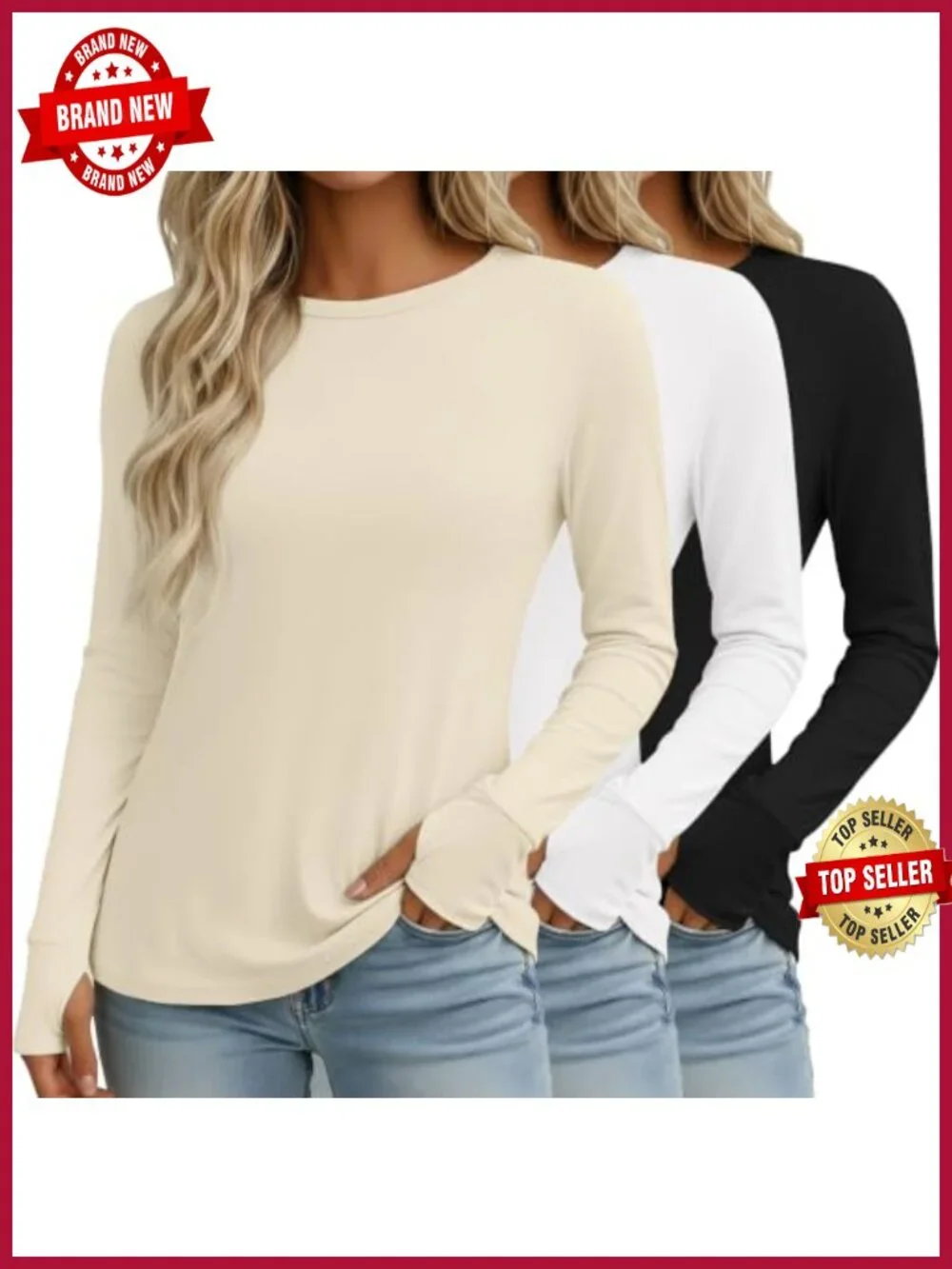 3 Pack Women's Long Sleeve Tees Thumb Hole Crew Neck Thermal Undershirt